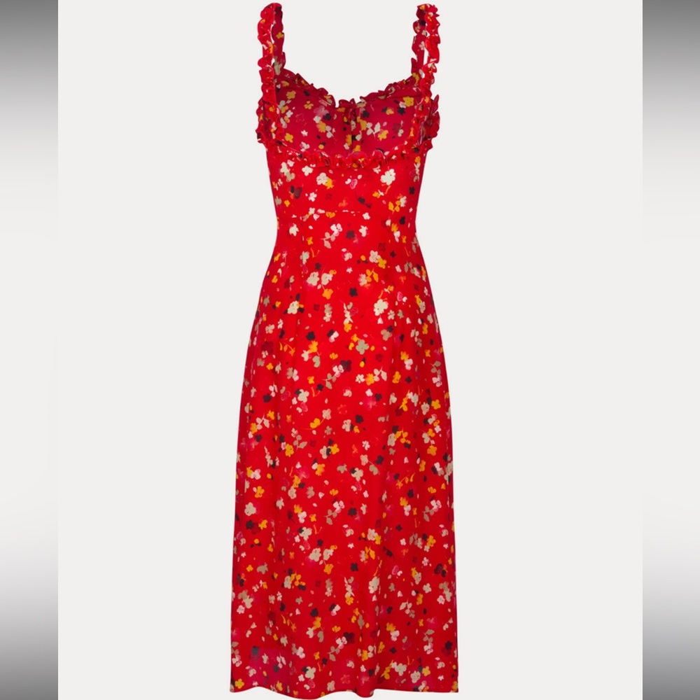 Realisation Par Red Floral Ruffle Strap Midi Dress - Picture 2 of 8